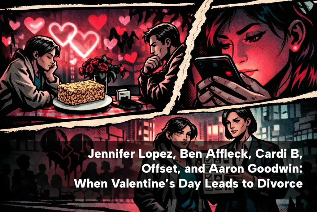 Comic-style scenes of a couple at dinner, a woman reading a phone and a broken-heart symbol.