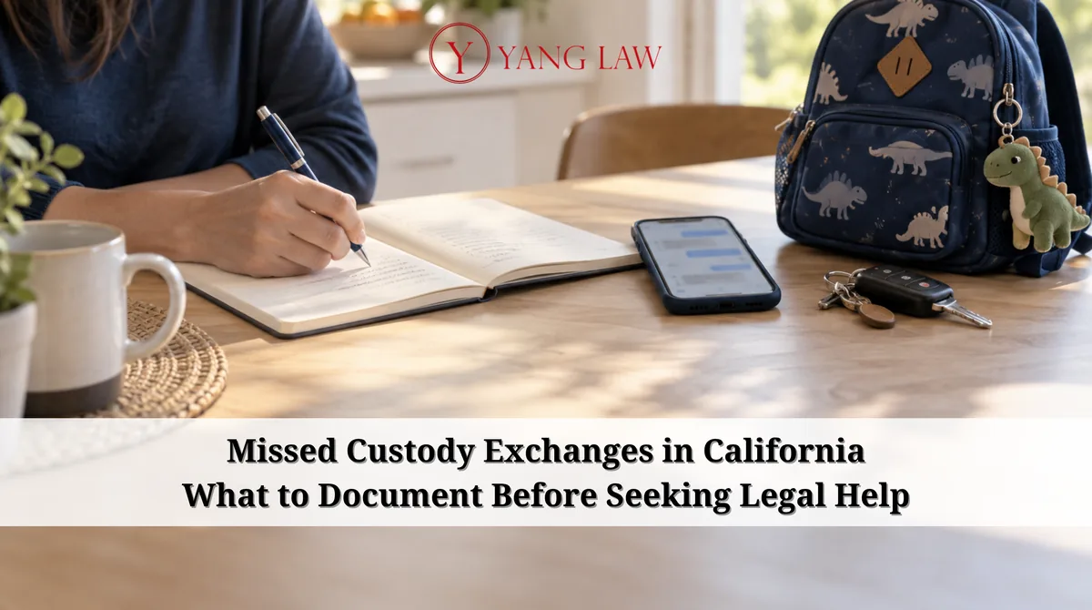 Parent documenting a custody exchange with a notebook, phone, and child’s backpack